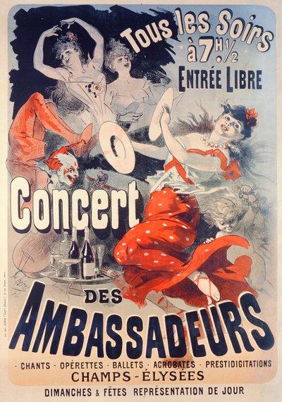 Plakat zur Werbung für das Konzert des Ambassadeurs, 1884 von Jules Cheret